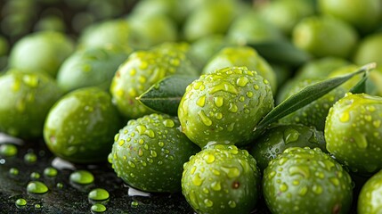   A table with two piles of green fruit and water droplets nearby