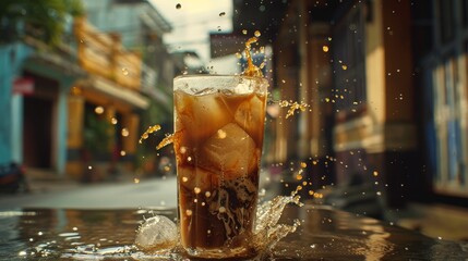 A refreshing Vietnamese iced coffee with condensed milk, served over ice in a tall glass on a street corner