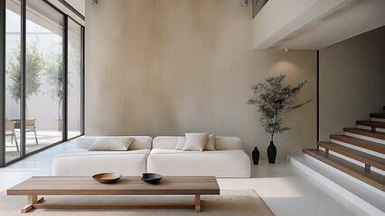 Cozy living room with fantastic modern interior design. Real estate, villa, sofa, minimalist room, copy space, mock up