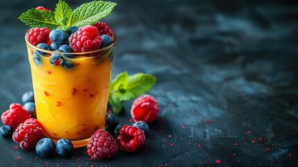 Wall Mural -   A glass filled with berries and mint rests atop a dark table, surrounded by an assortment of raspberries