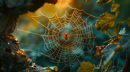 a spider web with dew drops on it in a forest setting at sunset