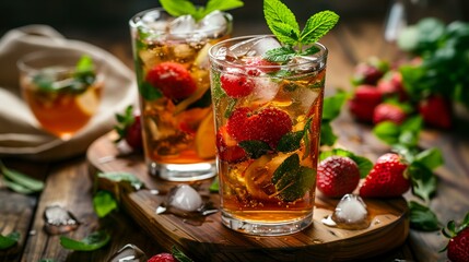 Poster - two glasses of tea with strawberries and mint on a wooden tray with ice cubes