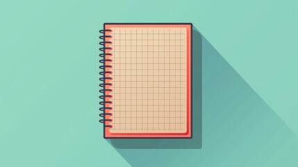 Top view of an open grid notebook with a red spiral binding on a mint green background, casting a long shadow.