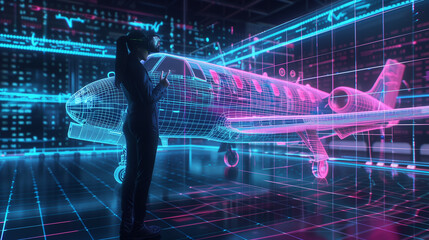 Silhouette of Woman in Virtual Reality Viewing a Digital Aircraft Model