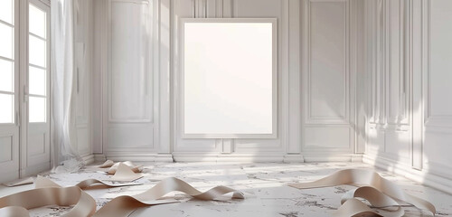 Wall Mural - Blank frame in an empty room with white walls, almond ribbons, and a marble floor. Ultra HD 3D render mockup.