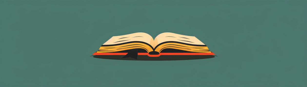 Minimalistic illustration of an open book with a bookmark on a plain green background.