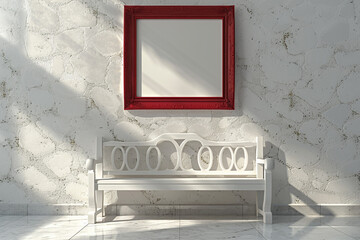 Wall Mural - Dawn in a gallery with a white bench and blank ruby red frame, high-resolution 3D render