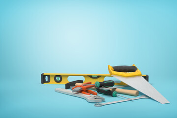 Wall Mural - Tools laid out from toolbox on blue surface