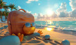 © AmayaGB - maleta de cuero en la orilla de la playa emoticono con unas gafas de sol y abrazando las merecidas vacaciones, dejar atrás la rutina del trabajo, atardecer en la arena junto al mar