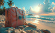 © AmayaGB - maleta de cuero en la orilla de la playa viendo un crucero a lo lejos, lleva unas gafas de sol colgando, bienvenidas vacaciones, dejar atrás la rutina del trabajo, atardecer en la arena junto al mar