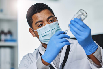 Canvas Print - Man, lab and science with vial or syringe, research and test drug for immunology experiment in pharmaceuticals. Glass bottle, face mask and healthcare professional, mrna vaccine and immunization