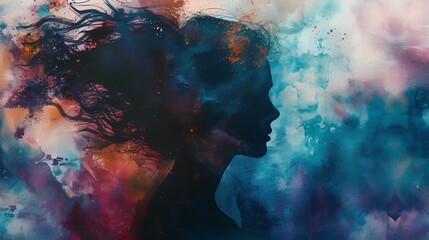 Wall Mural - A powerful image of a woman's silhouette, portraying the weight of mental health disorder, merged with expressive watercolor elements, captured in high definition.