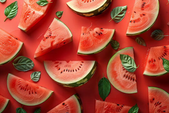 Flat lay with watermelon pieces, summer, summer food, summertime, healthy and fresh food, created with Generative AI technology