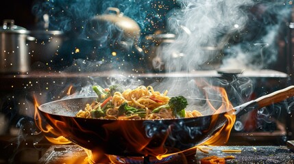 Wall Mural - Pad See Ew, stirfried noodles with soy sauce and Chinese broccoli, steaming hot in a wok, action shot in a busy kitchen