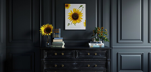 Wall Mural - Elegant dark interior with black wooden dresser, sunflower books, square poster. 3D rendering.