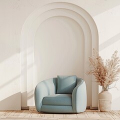 Warm toned living room interior wall mockup with a blue armchair and a background of a white wall. Generative AI