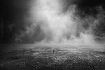 Wall Mural - Abstract image of dark room concrete floor. Black room or stage background for product placement.Panoramic view of the abstract fog, mist or smog moves on black background  - generative ai