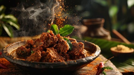 Wall Mural - Rendang, Indonesian spicy meat dish cooked in coconut milk, family gathering in Jakarta