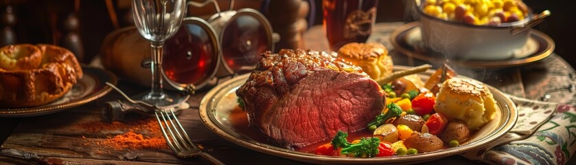 Wall Mural - Roast beef Sunday dinner, served with Yorkshire pudding and vegetables, traditional English home setting