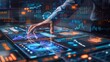 © TOWTOW Studio - Futuristic interface with human hand interacting with digital data, representing technology, innovation, and advanced computing systems.