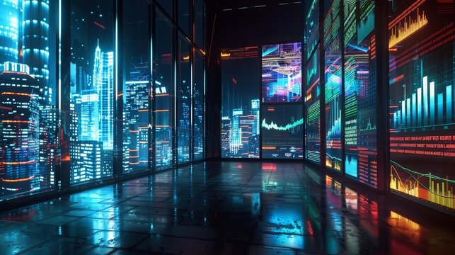 Modern cityscape at night with futuristic neon lights reflecting on windows and digital screens displaying data visuals.