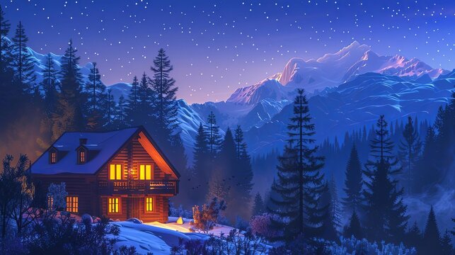 cozy mountain house illuminated at dusk peaceful evening scenery ai generated illustration