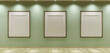 © Nasreen - Minimalist art gallery with three blank frames on a sage green wall, subtle spotlighting, 3D rendering