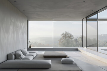 Poster - Minimalist Living Room with Large Glass Window and Panoramic View  