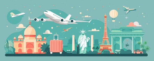 The image shows various popular tourist destinations around the world, such as the Eiffel Tower, the Taj Mahal, and the Statue of Liberty