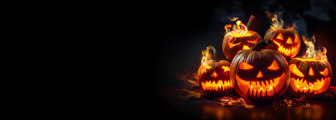 halloween pumpkin with fire in black background