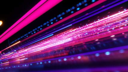 Wall Mural - 3d render, abstract background of pink blue neon lines glowing in ultraviolet spectrum, and bokeh lights. Data transfer concept. Digital futuristic wallpape