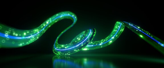 Wall Mural - 3d render. Abstract blurry background of curvy ribbon with glowing neon lines.Unfocussed motion laser beam moving fast. Light path trajectory