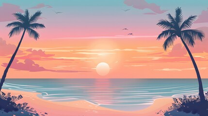 Wall Mural - esign a vector graphic of a beach scene with a gradient sunset sky, transitioning from soft pastel hues to vivid oranges and pink