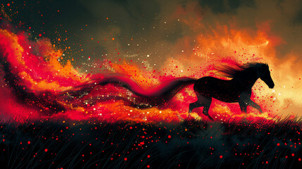 A silhouette of a cowboy riding a horse across a vibrant, fiery landscape at sunset or sunrise. The dramatic sky is filled with swirling shades of red, orange and yellow, resembling flames or lava. 