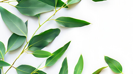 Wall Mural - Eucalyptus branch with green leaves isolated on white background ,Green leaf is laying on white surface with white background