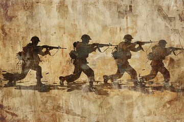 Wall Mural - Abstract illustration of soldiers in action on a distressed background