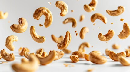 Wall Mural - falling cashew nuts on white background isolated food photography