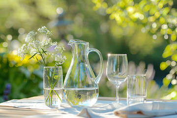 Poster - Elegant Outdoor Picnic with Glass Pitchers Bathed in Natural Light  