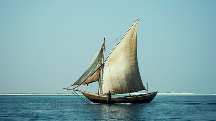 A traditional dhow boat with its triangular sails