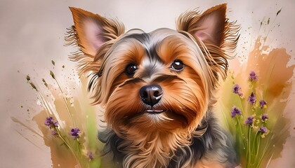 Wall Mural - portrait of yorkshire terrier dog watercolor painting on white background digital illustration generative ai