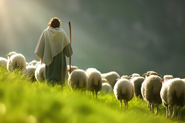 Back view of Jesus Christ, good shepherd and flock of sheep