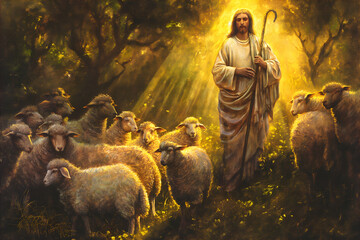 Artistic painting Jesus Christ, good shepherd and flock of sheep