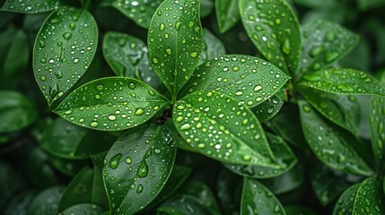 Close-up of vibrant green leaves with dew drops, emphasizing the freshness and health of the forest