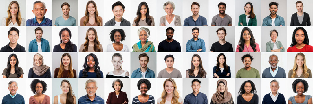 Many multiethnic people looking at camera. Collage of diverse work colleagues of different ages, ethnicities, nationalities, cultures. International employees, video call screen, header or banner-