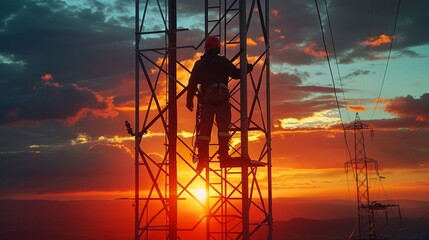 Silhouette of a worker on a high-voltage tower at sunrise, dramatic lighting and raw details