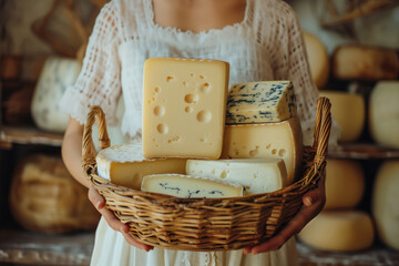 Wall Mural - Girl in cheese shop holds different types of cheese in basket. Close-up. Concept of advertising cheese factory, small business, cheese shop, healthy eating, farming.