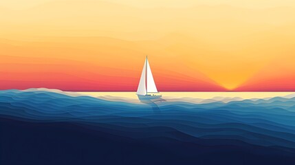 Wall Mural - reate a vector graphic of a sailboat on a gradient sea, with hues shifting from sunny yellow to deep navy blue.