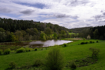 Wall Mural - Wakling in County Durham, England, view on a lake on a cloudy spring afternoon.