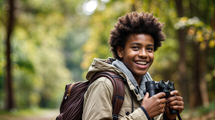 Wall Mural - portrait of a young man with binoculars in the field created with Generative AI technology