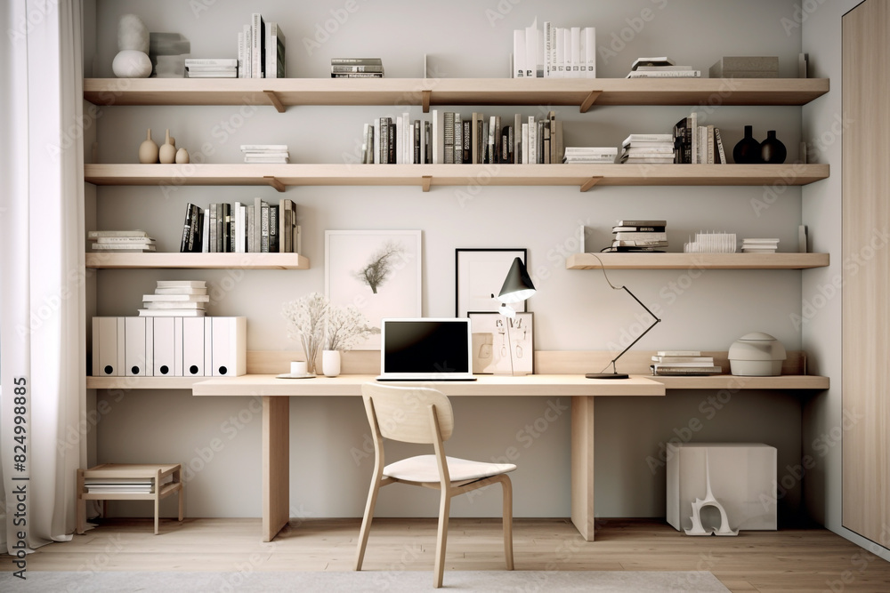 A contemporary workspace featuring a light-colored desk, a solid chair ...